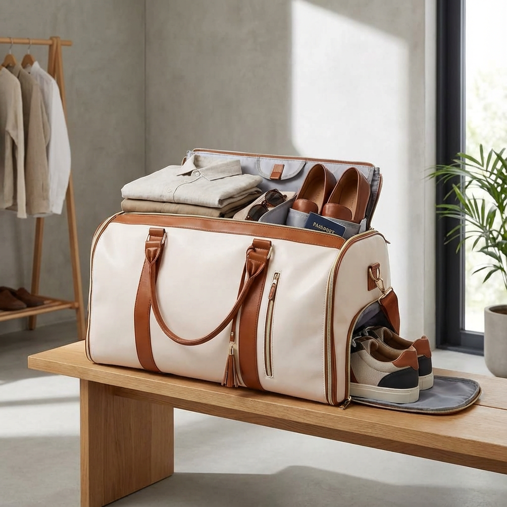 All-in-One Foldable Leather Duffle Bag